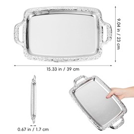 TOYANDONA Silver Metal Serving Tray with Handles - 15. 3"x9" Rectangle Butler Tray Vintage European Style Silver Platter for Breakfast in Bed, Coffee Table Decor, Buffet Wedding Party Jewelry