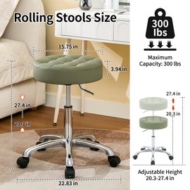 FIRAVOE Swivel Rolling Stool Adjustable Height 20"-27" (Sturdy Aluminum Base) (Quiet Wheels) Salon Stools for Hair Stylist (Green)