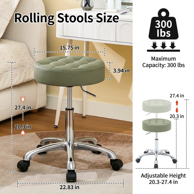 FIRAVOE Swivel Rolling Stool Adjustable Height 20"-27" (Sturdy Aluminum Base)