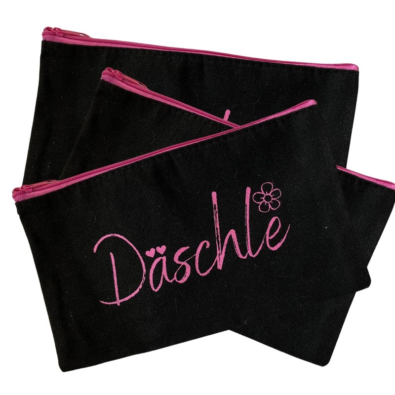 Däschle Cosmetic Bag, Organiser for Make-Up, Black with Pink Lettering,