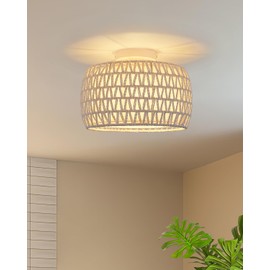 WILON 1-Light White Rattan Ceiling Light Fixture, Hand-Woven Boho Semi Flush Mount Chandelier with Fabric Shade, Modern Ceiling Lamp for Living Room Dining Room Bedroom Entryway Laundry Room Nursery