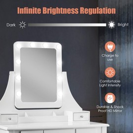 COSTWAY Vanity Desk Set with Lighted Mirror, 360° Swivel Vanity Mirror Desk with 10 LED Bulbs, Makeup Dressing Table with 5 Drawers, Vanity Table with Cushioned Stool for Bedroom, Women, Girls (White)