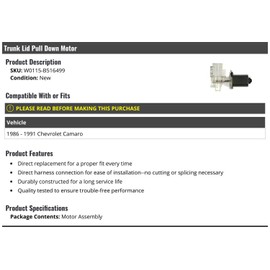 Trunk Lid Pull Down Motor - Compatible with 1986-1991 Chevy Camaro