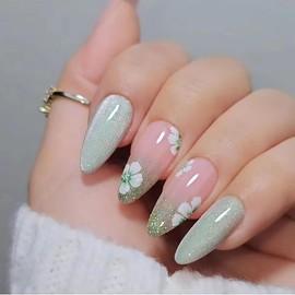 Cat Eye False Nails Press on Nails Medium Almond Shaped Flower Glitter Powder Design French Fake Nails Artificial Acrylic Nails 24Pcs Full Cover Glossy Reusable Glue on Nails for Women Spring Nails