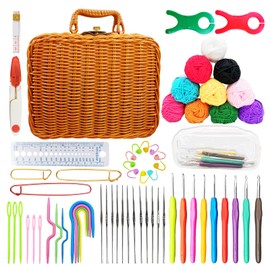 SNAIL GARDEN Rattan Retro Case Crochet Kits Set of 64pcs,10 Colors Cotton Yarn Crochet Kit for Beginners,0.6mm to 6mm Metal Needles Crochet Kits for Adults Experienced Lovers