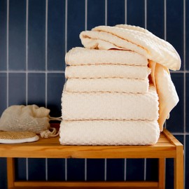 Samarkan Towel, Face Towels, Vanilla, Set of 5, Dramatically Less Fluffing, Absorbent and Uneven Pattern, 13.4 x 33.5 inches (34 x 85 cm), Approx. 4.3 oz (110 g), 100% Cotton (Vanilla)
