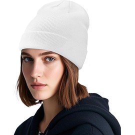 Voarge 1 x Beanie Hat Stretchy Cuffs, Unisex Winter Warm Wind Protection Knitted Hats Soft Elastic Fleece for Men and Women, White