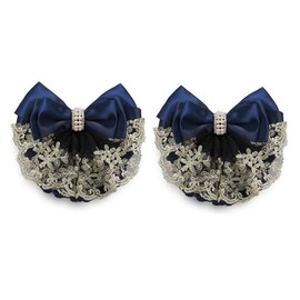 2Pcs Professional Hair Bun Cover Net Snood Hairnet Bowknot with Fan-shaped Lace Pearl Crystal Decoration Barrette Hair Clip Hair Accessories for Womens Nurse Stewardess with Work Clothes (Blue)