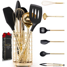 Styled Settings Black and Gold Cooking Utensils Set with Holder - 7PC Silicone Cooking Utensils Set Includes Light Gold Kitchen Utensils and Gold Utensil Holder - Black and Gold Kitchen Accessories