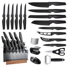 VALESKA Knife Set Black, 20 Pcs Kitchen Knives set with block, German Stainless Steel Knives Set for Kitchen, Include 6 Steak Knives,bread knife and etc,Dishwasher Safe, Anti-slip Handle