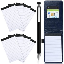 PLMMOUT 10PCS Mini Pocket Notepad Holder Set,Durable Cover,8Pcs 3"x5" Memo Book Refills with 30 Lined Paper Per Note Pad,Leather Pocket Notebook with Pen,Refillable(Blue)