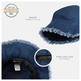 CHOK.LIDS Frayed Bucket Hats for Women Men Unisex Trendy Washed Cotton Floppy Wide Brim Boonie Outdoor Summer Beach Headwear (Dark Denim)