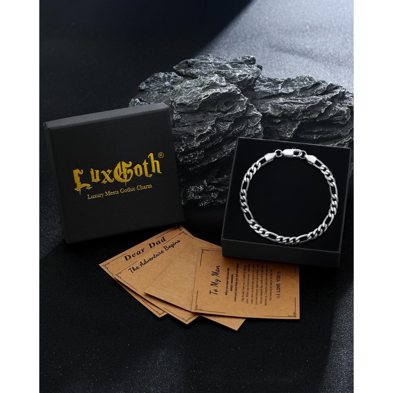 LuxGoth Stainless Steel Figaro Link Chain Bracelet Diamond-Cut Figaro Chain