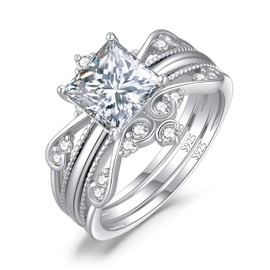 JewelryPalace Vintage Princess Cut 2ct CZ Solitaire Engagement Ring for Women, Classic 14K White Gold 925 Sterling Silver Promise Ring for her, Crown Enhancer Wedding Band Ring Bridal Sets 5