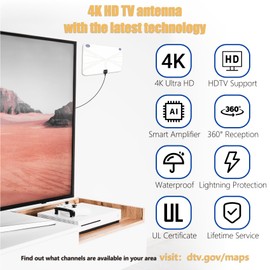 4K HD TV Antenna for Local Channels - Amplified Digital HDTV Indoor Antenna with Signal Booster - 360° Long Reception TV Aerial Support All Types TV