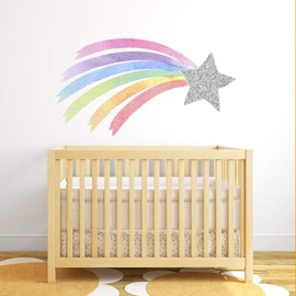 Shooting Star Rainbow Wall Decal Pastel Watercolor Unicorn Nursery Girls Bedroom Decor Silver Star & Rainbow Wall Decor ND04 (32"W x 18"H inches)