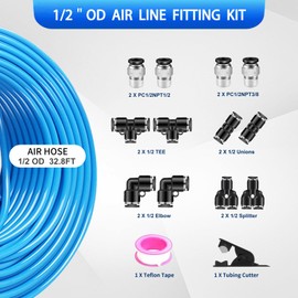 QITUO 1/2" Air line kit,1/2" OD 3/8" ID 32.8ft Blue Air Hose Tubing Fittings,13pcs Compressed Air Line Accessory Kit Push to Connect Fittings for Air Line