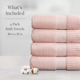 NY Loft 100% Cotton Bath Towel 4 Pack | Super Soft & Absorbent Quick-Dry Bath Towels 30" x 52" |Textured and Durable Cotton | Trinity Collection (4 Pack Bath Towel, Light Pink)