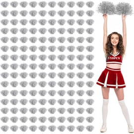Jerify 150 Pcs Cheerleading Pom Poms Metallic Foil Cheerleader Pom Poms with Baton Handle Plastic Cheer Pompom Cheering Hand Flowers for Game Sports Squads Dance Party Football Basketball (Silver)