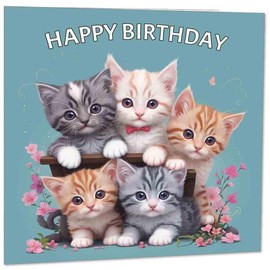 Cute Birthday Card - Cat Kittens Adorable Birthday Card for Mum 145mm x 145mm