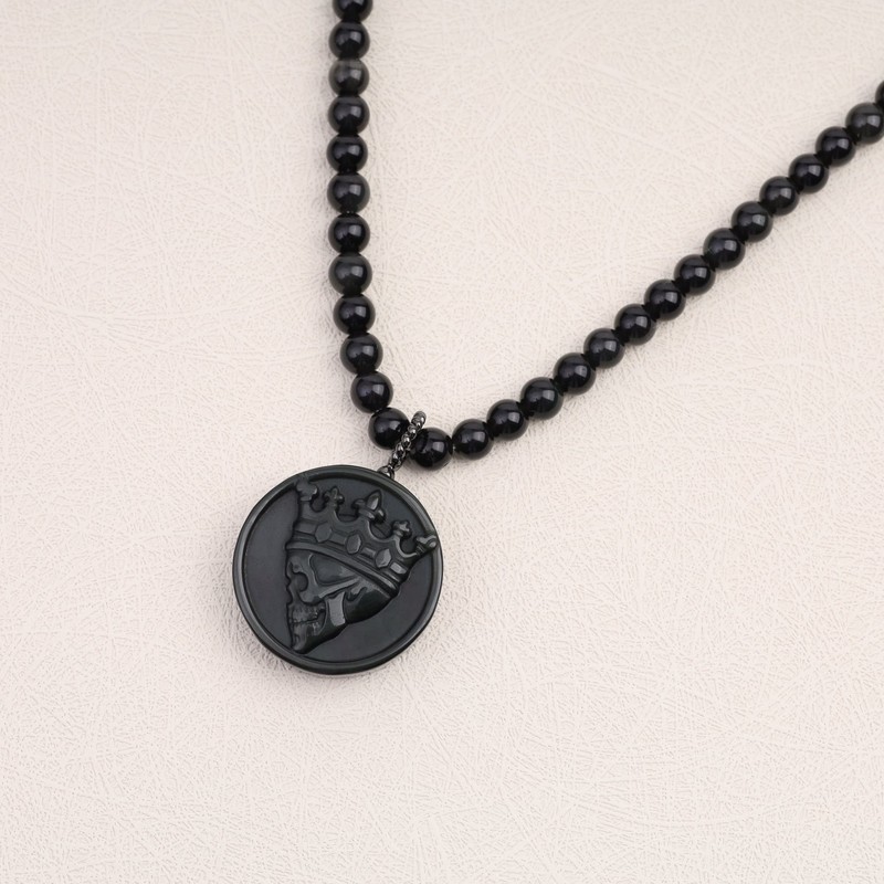 GAVU Pearl Necklace Skull Pendant, Rainbow Obsidian, Rainbow Obsidian