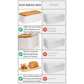 Engraved Ceramic Bread Box for Kitchen Countertop - Multipurpose Bread Storage Container with Thick Bamboo Cutting Board Lid - Elegant Bread Bin with Nature-Inspired Engraving - 13.8" x 7.9" x 5"