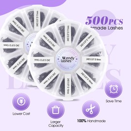 Premade Fans Eyelash Extensions Mixed Tray 500 Fans, Handmade Volume Premade Lashes 10D-30D, D Curl Pointed Thin Base Professional Grade for Fuller Dramatic Eyelashes(24D-0.07-D-9-16 Mix)