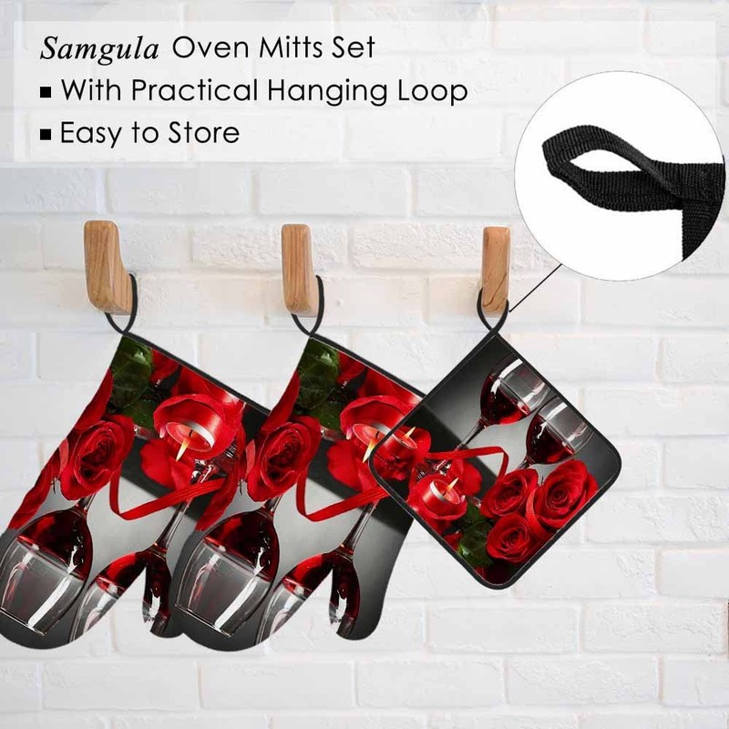 Samgula Red Wine Oven Mitts and Pot Holders Sets Roses