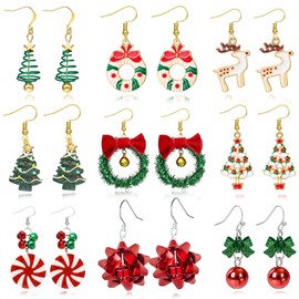 9 Pairs Christmas Earrings Set for Women Holiday Dangle Earrings Christmas Tree Jingle Bells Candy Bow Reindeer Earrings Cute Christmas Jewelry Gift