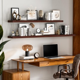 Marsmiles Floating Shelves for Wall | 36" W x 8" D Solid Ash Wood Floating Shelves Set of 2 | Rustic Dark Wood Wall Shelves with Upgraded Heavy Duty Brackets - Walnut