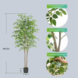 Nafresh Tall Ficus Tree Artificial，6ft(72in) Faux Ficus Tree with Realistic Smooth and Shiny Leaves， Fake Trees Indoor Outdoor for Home Office Living Room Bedroom Foyer Porch Decor.
