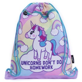 Fringoo - Kids Drawstring Bag - Front Zipped Pocket - Large Capacity Drawstring Bag - PE Bag - School - Gym - Swim - Pastel Unicorn Homework Design