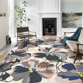 GarveeHome Living Room Rug 5x7 Rug Machine Washable Modern Floral Area Rug Non Slip Low Pile Large Rugs for Living Room, Bedroom, Farmhouse, Dining Room, Kids Playroom, Brown/Multi