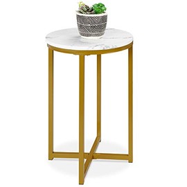 Best Choice Products 16in Side Table, Faux Marble Round End Table, Modern Small Accent Home Decor for Living Room, Dining Room, Tea, Coffee w/Metal Frame, Foot Caps, Designer - White/Bronze Gold