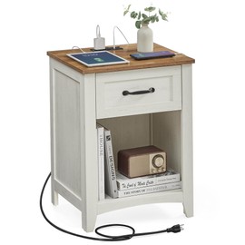 VASAGLE LIRY Collection - Farmhouse Nightstand with Charging Station, Bedside Table, Side Table with Drawer, Open Compartment, for Bedroom, Rustic White and Honey Brown ULET659K41