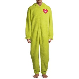 The Grinch Men's Fuzzy Plush Warm Holiday Hooded Union Suit Pajamas (Large) Green
