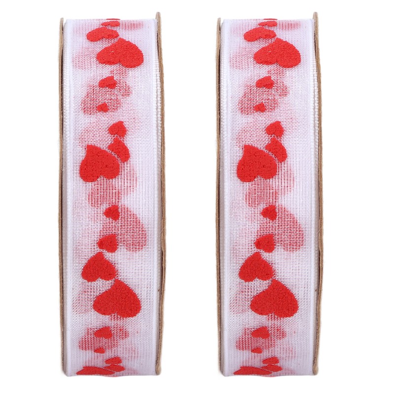 2pcs Red Ribbon 1.5cm/0.6in Wide Heart Pattern Packaging Ribbons DIY