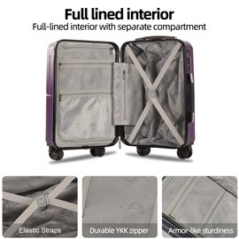 TRACK TRAVEL 3 Piece Luggage Set ABS+PC Expandable Hardshell TSA Lock Aluminum Trolley Spinner Wheels (Purple, 3 Piece Set)