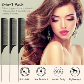 GRIMSON 3 Pack Hair Rat Tail Combs Set, Parting Rattail, Teasing Fine Tooth Comb, Metal Hair Pick Detangling, Heat Resistant Carbon Fiber Teasing Comb, and Stainless Steel Pintail(Black)