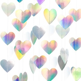 PheiLa 52 Feet Love-Heart Garland Shiny Iridescent Heart Streamers Holographic Paper Garland for Valentines Day Birthday Wedding Engagement Bridal Shower Bachelorette Winter Christmas Decoration
