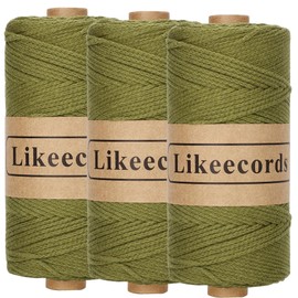 Likeecords 3 Rolls of Wool for Crochet Bags, 2 mm x 170 m, Yarn for Crochet, Macrame Yarn, Cotton Yarn for Crochet, 100% Cotton Tube Yarn for Knitting, Crochet, Weaving Gift (Military Green)