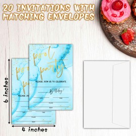 Pool Party Birthday Invitations, Swim Pool Birthday Party Invitations, Gold Glitter Birthday Party Fill In Invitation Cards, Summer Birthday Party Favor Supplies (20 Invites With 20 Envelopes) -A11