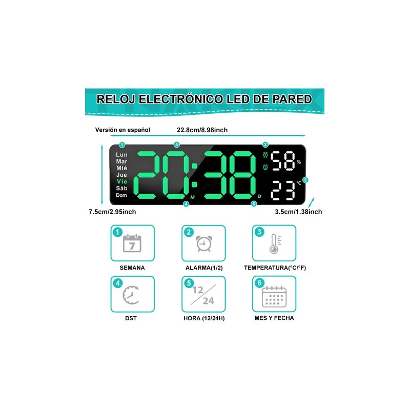 Reloj De Pared Digital Con Termómetro, Alarmas Y Calendario