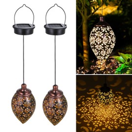 (2 Pack) Hanging Solar Lights, Tomshine Solar Lantern LED Moroccan Garden Decor, Metal Solar Lanterns Outdoor Waterproof for Outside, Patio, Porch, Pathway Hanging Decor