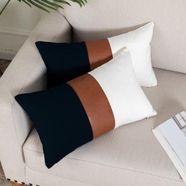 Vfuty Modern Stripe Farmhouse Decorative Throw Pillow Cover 12x20 Set of 2 Black and White Pillow Covers for Accent Chair Living Room Bedroom,Faux Leather Lumbar Pillow Case Boho Decor