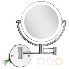 LEDOOLE Hardwired Wall Mounted Makeup Mirror Magnifying, Double Sided 1/10X Magnifying Vanity Mirror with Lights 3 Color & Adjustable Brightness, 360 Swing Arm Shaving Mirror for Bathroom
