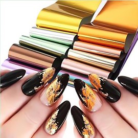 HYWWPFLAY 10 Sheets Holographic Nail Foils Transfer Nail Art, Metallic Color Nails Decals, Self-Adhesive Nail Art Stickers, Manicure Design for DIY Nails Decoration