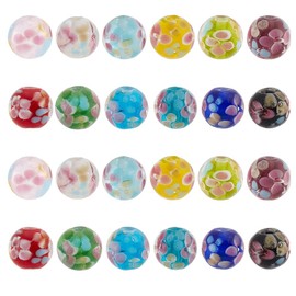 GOMAKERER Pack of 24 12 Colours Lampwork Flower Glass Beads, 12 mm Large Millefiori Lampwork Beads, Round Beads, European Murano Glass, Handmade Loose Crystal Beads for Jewellery Making