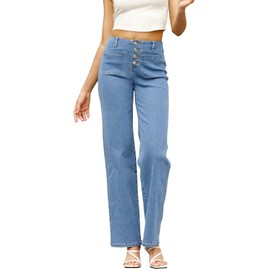 Sidefeel Women's High Waisted Stretchy Jeans 2025 Straight Leg Jeans Buttoned Baggy Denim Pants with Pocket Size 12 Light Blue