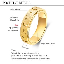 Anxiety Ring for Women Fidget Toys Adults Spinner Ring Stainless Steel 6mm Band Thumb Ring Men Sandblasted Rainbow/Black/Gold/Rose Gold/Silver, Size 5/6/7/8/9/10/11, Metal, no /none